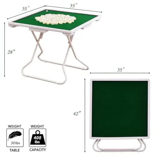 Compact Folding Mahjong Table With Four Integrated Drink Slots And Tile Racks For Group Play