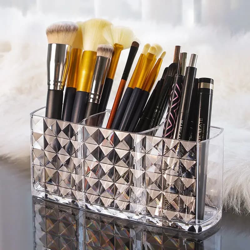 Organizer cosmetico in acrilico trasparente - Scatola portaoggetti per pennelli e rossetti a 3 livelli senza coperchio per bagno e scrivania per il trucco