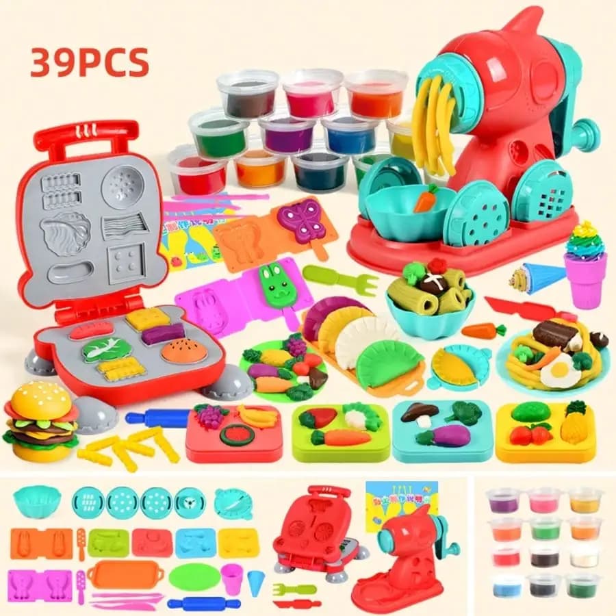 Miglior Regalo per la Festa dei Bambini: Set da Cucina 3-in-1 con Pasta Colorata per Bambini 3-8 Anni, 24 Colori con Stampi per Gelato/Noodle/Hamburger, Giocattolo per Modellare Cibo e Giocare
