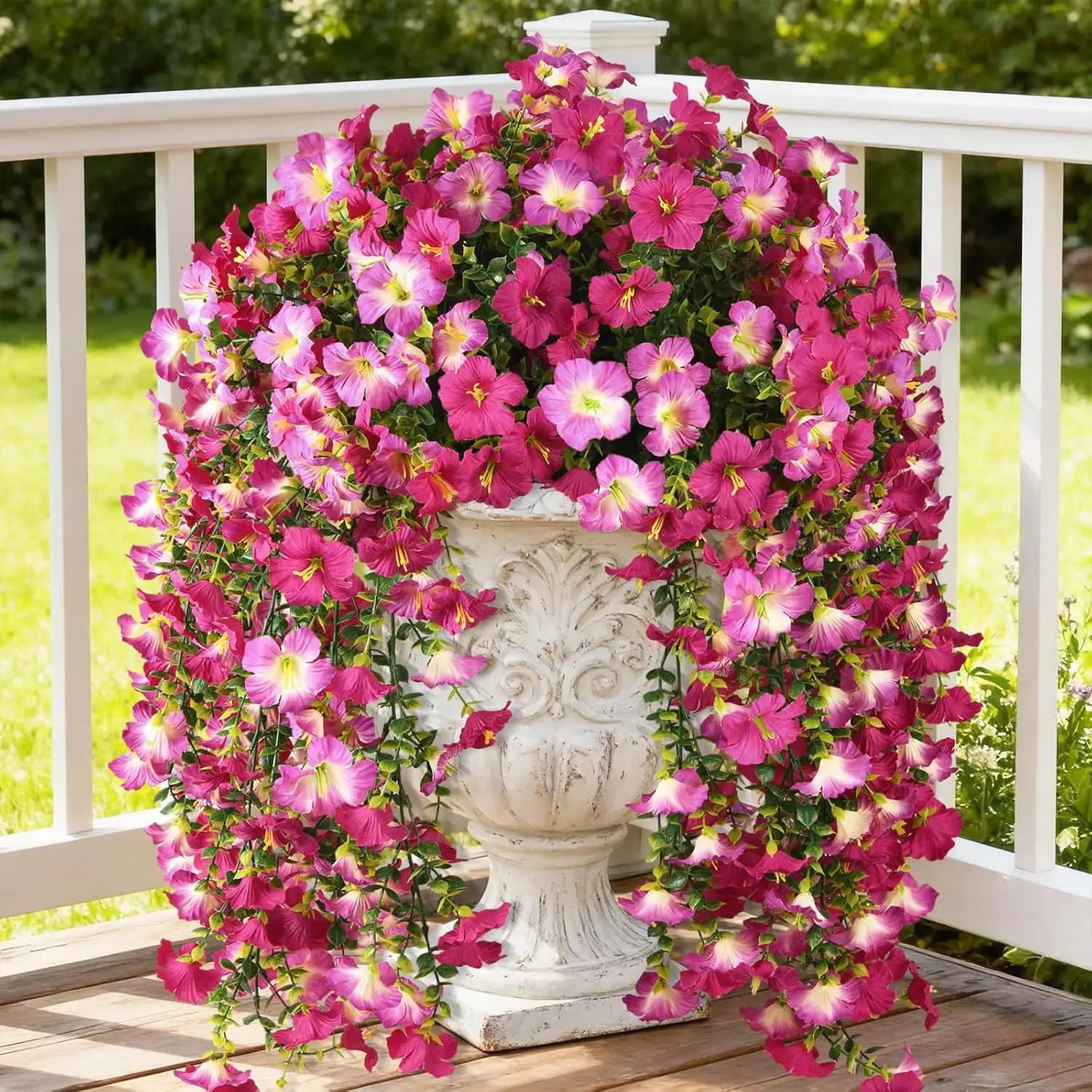 Artificial Fake Flowers Plants for Outdoor Spring Summer Decoration,2 PCS Faux Silk Morning Glory with Eucalyptus Leaves,UV Resi