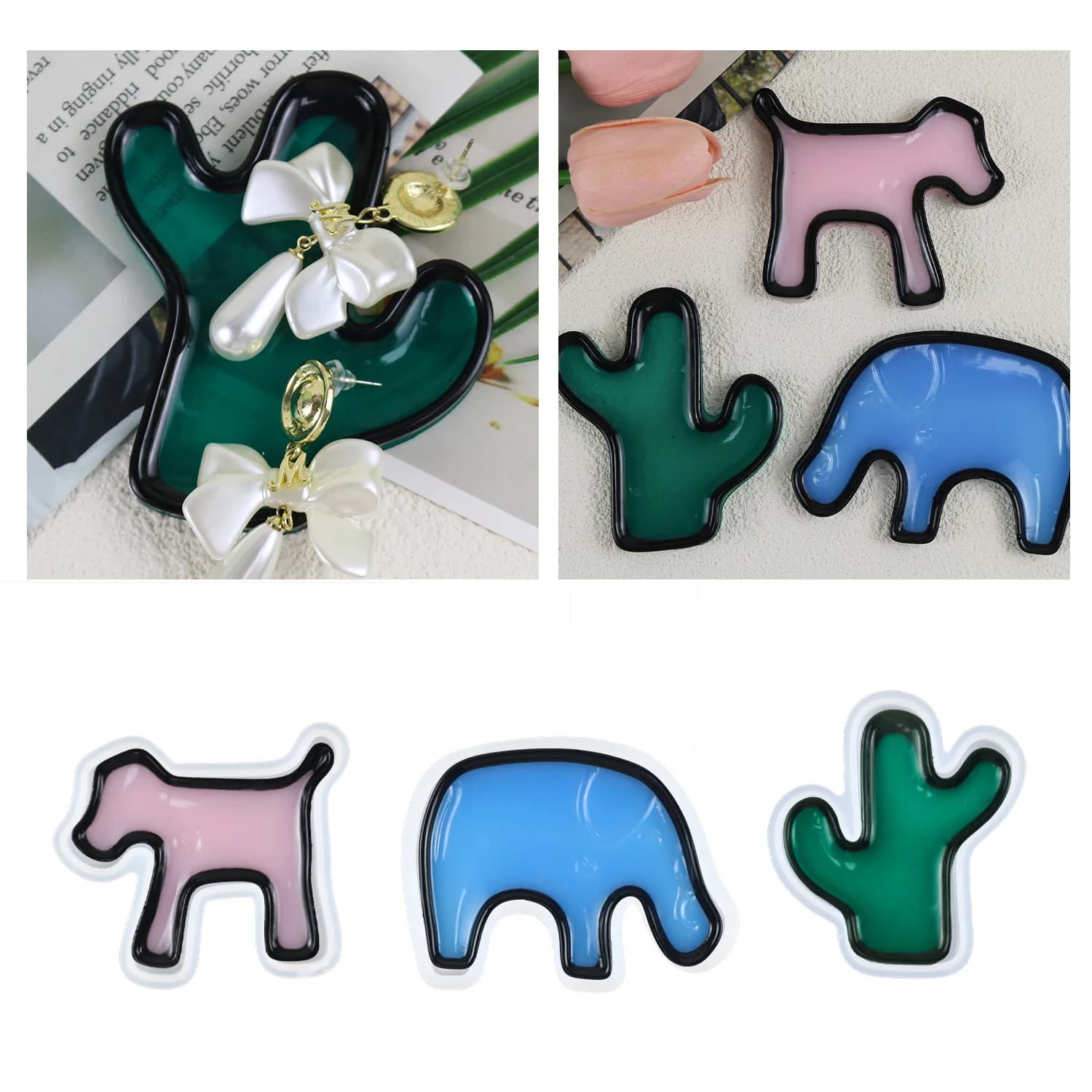 Resin Silicone Mold for Mirror-Like Desert Cactus Dog Silicone Mold Two Cartoon Glossy Drop-Curing Sticker Molds for Keychains