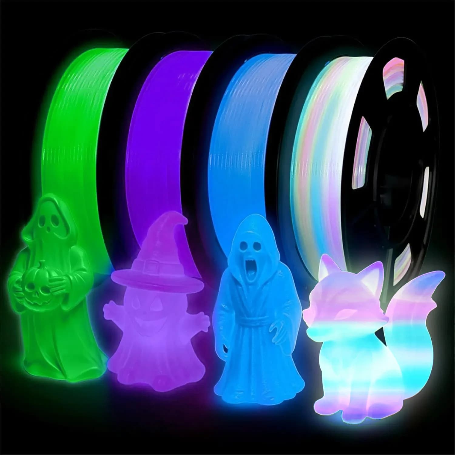 Glow in The Dark Filament Multicolor, Green, Blue, Purple and Rainbow, PLA Filament 1.75 mm, 3D Printer Filament Bundle