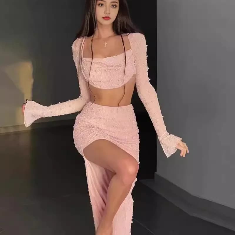Lusso Y2k Aderente Sexy Set a due pezzi Set di gonne Paillettes Perle Abiti da donna Abiti da sera Abiti chic Abiti corti Bianco