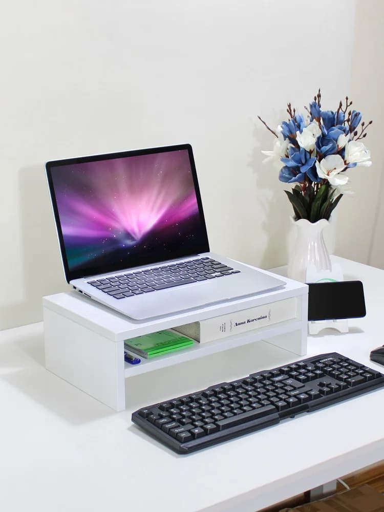 Support for Wood Monitor, Simple Design Double Layer, Black and White, Desk Organizer for Height Laptop Display