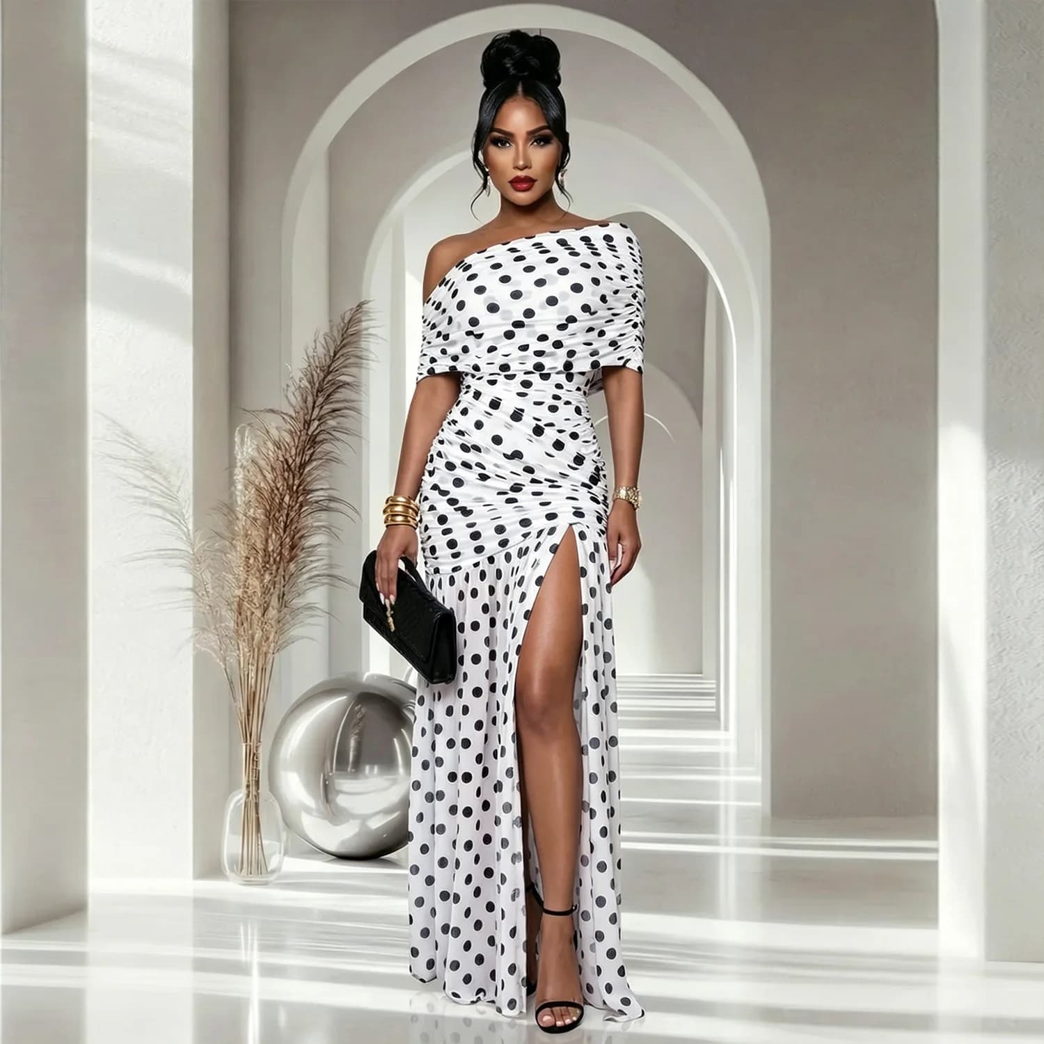 Vintage Polka Dot Print Off-The-Shoulder Ruched Dress Sexy Side Split Floor Length Prom Gown Women Celebrity Clubwear
