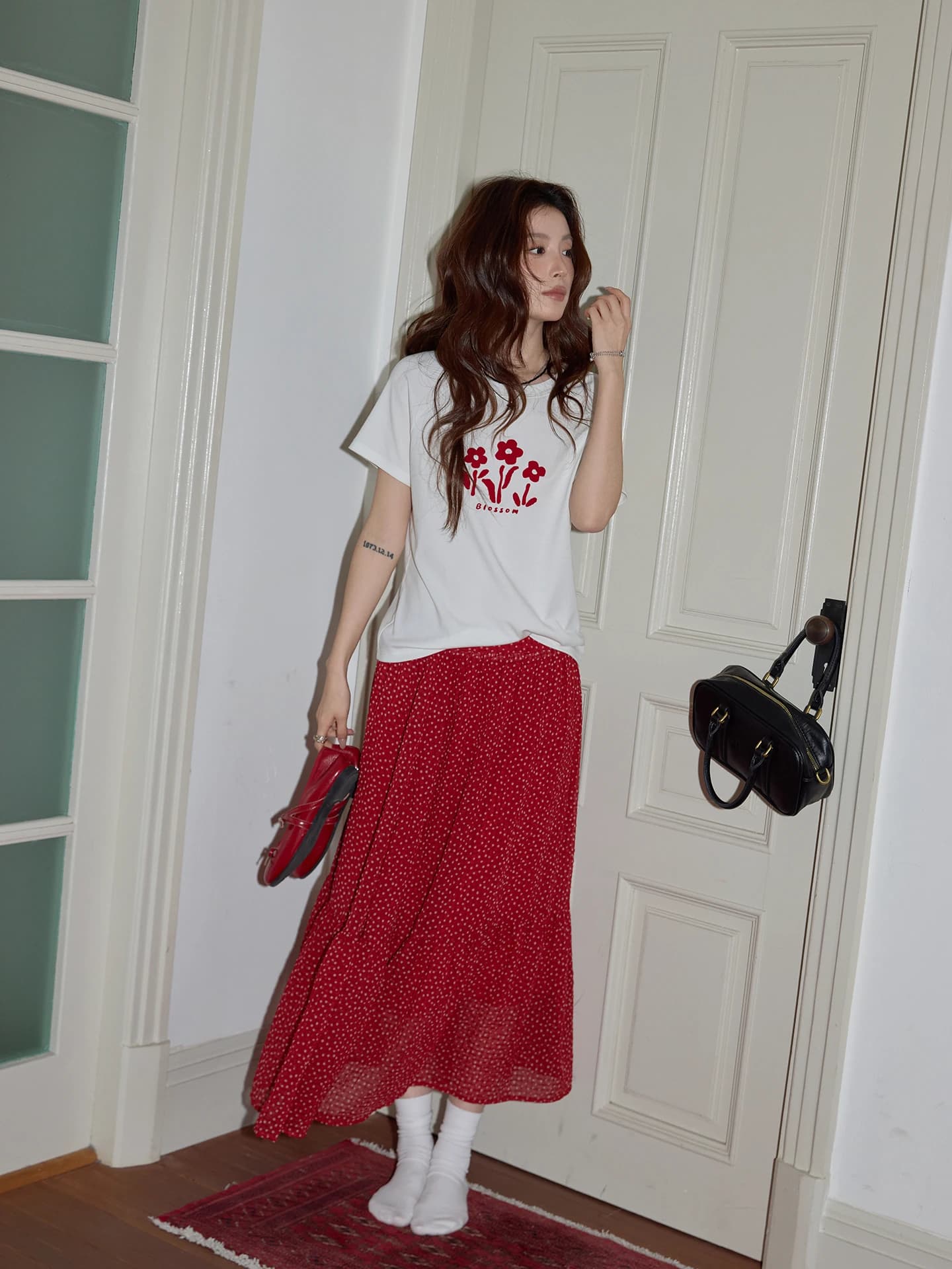 Red Polka Dot A-Line Midi Skirt High Waist Loose Cover Hip Long Women's Skirt Commute Korean Style Polyester Fiber