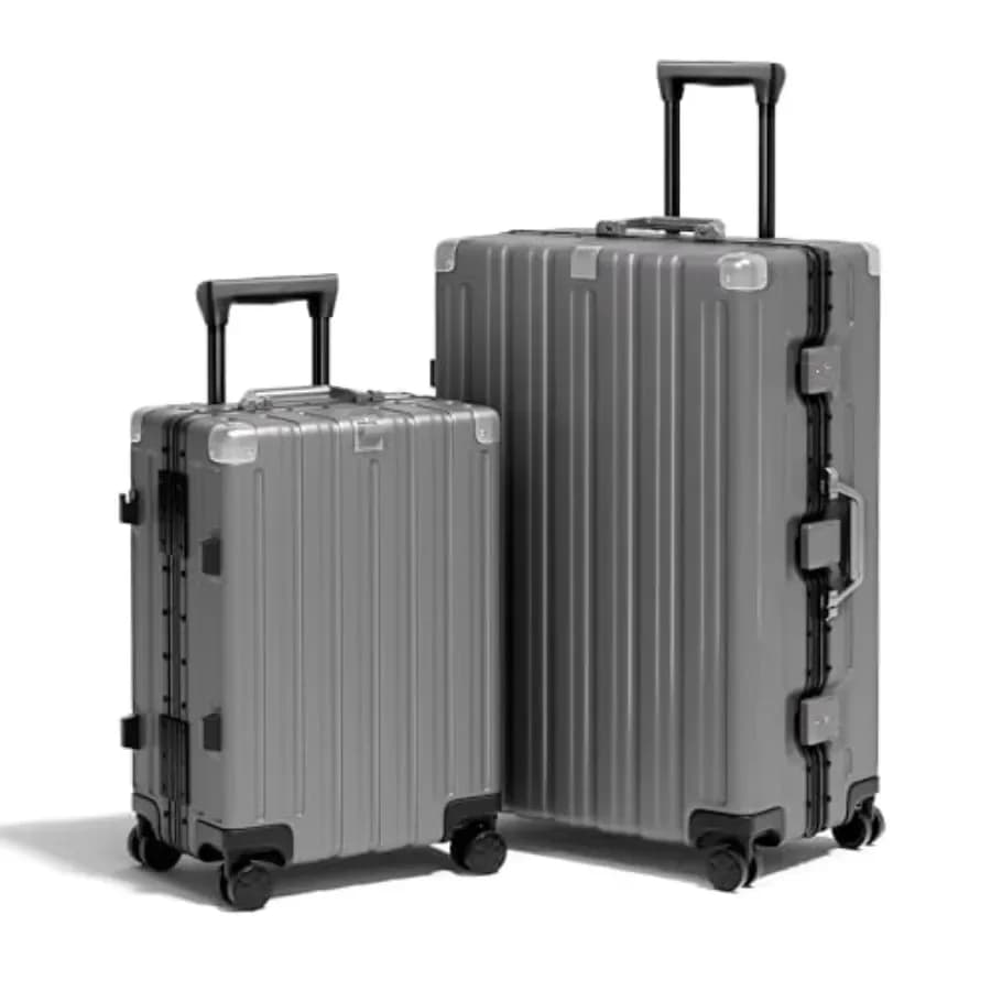 Travel luggage set: aluminum frame hard shell suitcases in black, zipperless design for enhanced security and sleek aesthetics