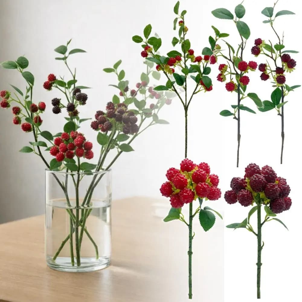 Rami di lampone rosso artificiale, accessori fai da te, rami di bacche simulate, composizioni floreali, foglie verdi, frutti finti