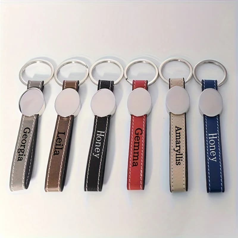 Custom-name keyring, zinc alloy keyring: leather key pendant with personalized laser engraving in business style as a unique gift.