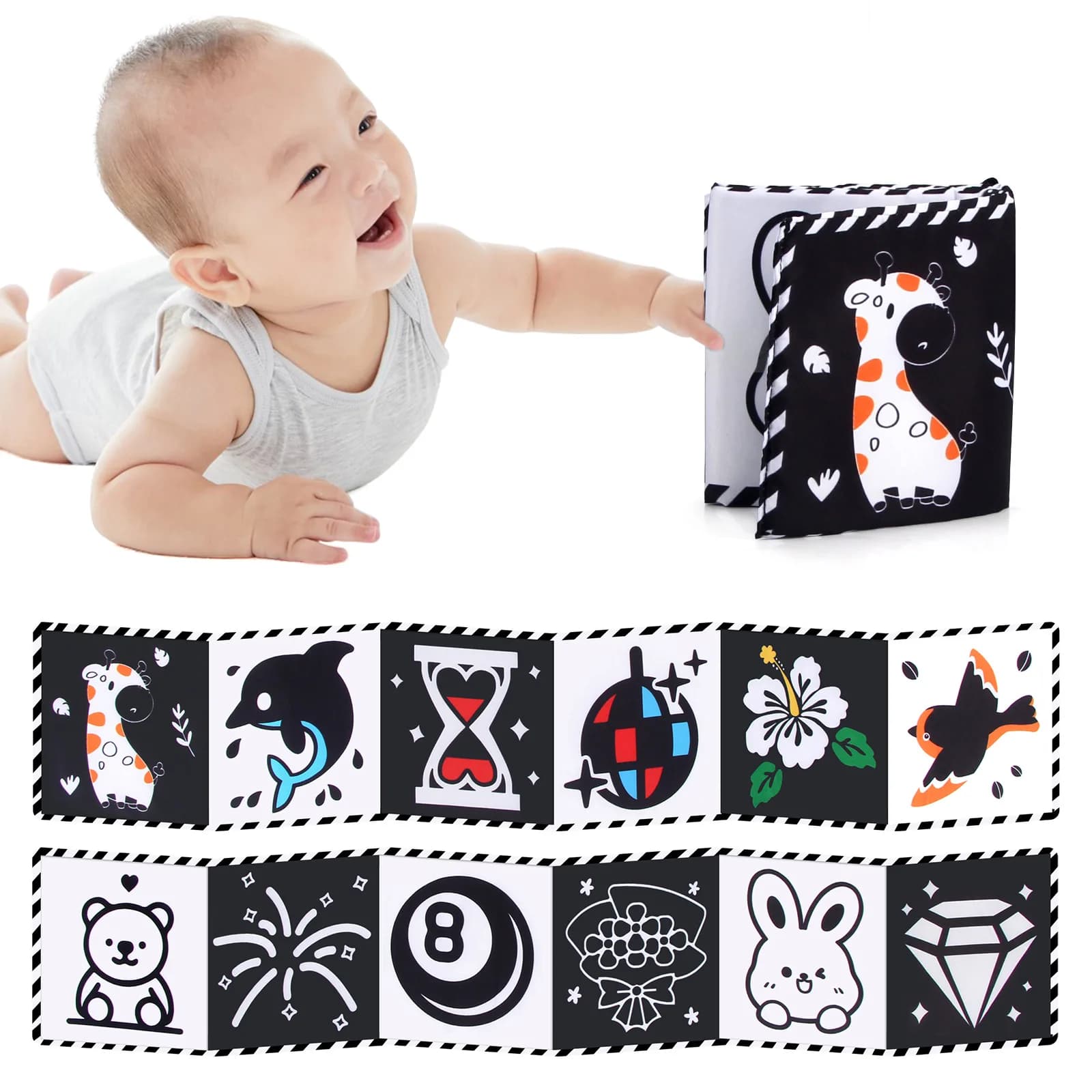 Animal Sensory Fabric Books for Infants 0-36 months Toy High Contrast Montessori Toys for Baby Crib