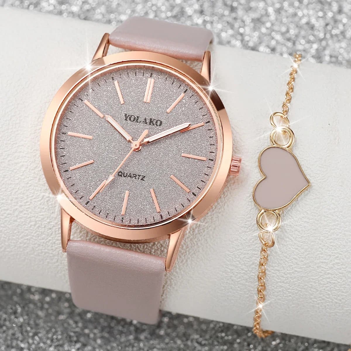 Set di 2 Orologi da Donna alla Moda con Cinturino in Pelle, Orologio da Polso al Quarzo e Bracciale a Cuore (Senza Scatola)