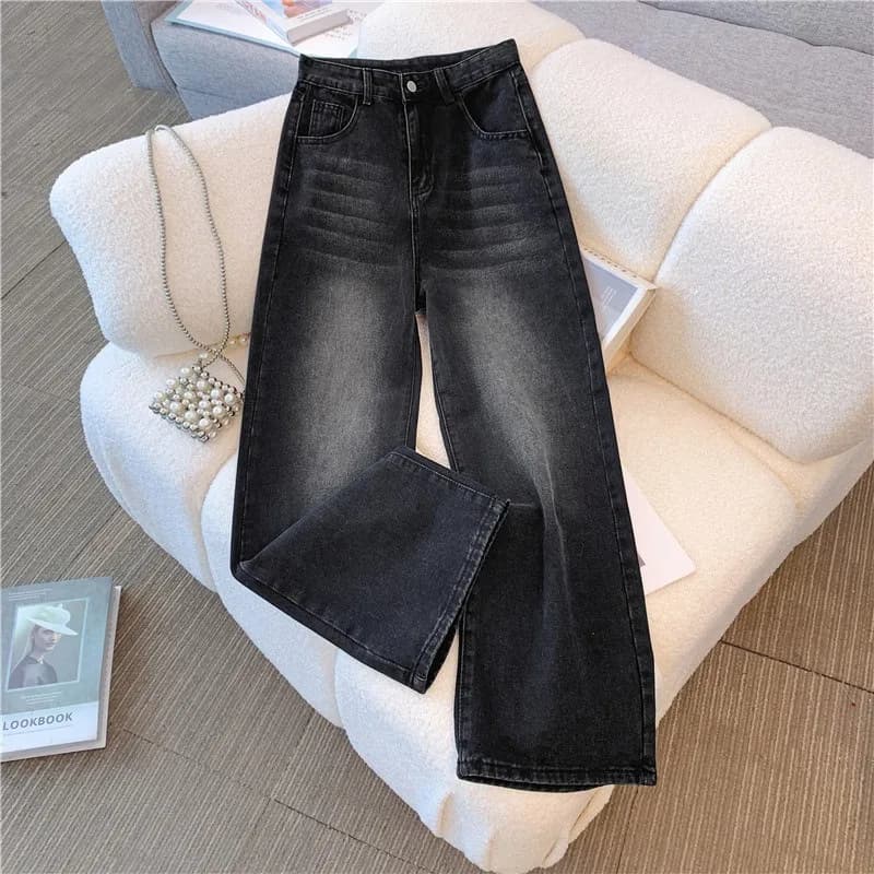 Jeans Vintage da Donna a Vita Alta e Gamba Larga, Tinta Unita, Drappeggiati, Larghi e Dritti, Pantaloni Casual Autunnali Plus Size alla Moda in Denim