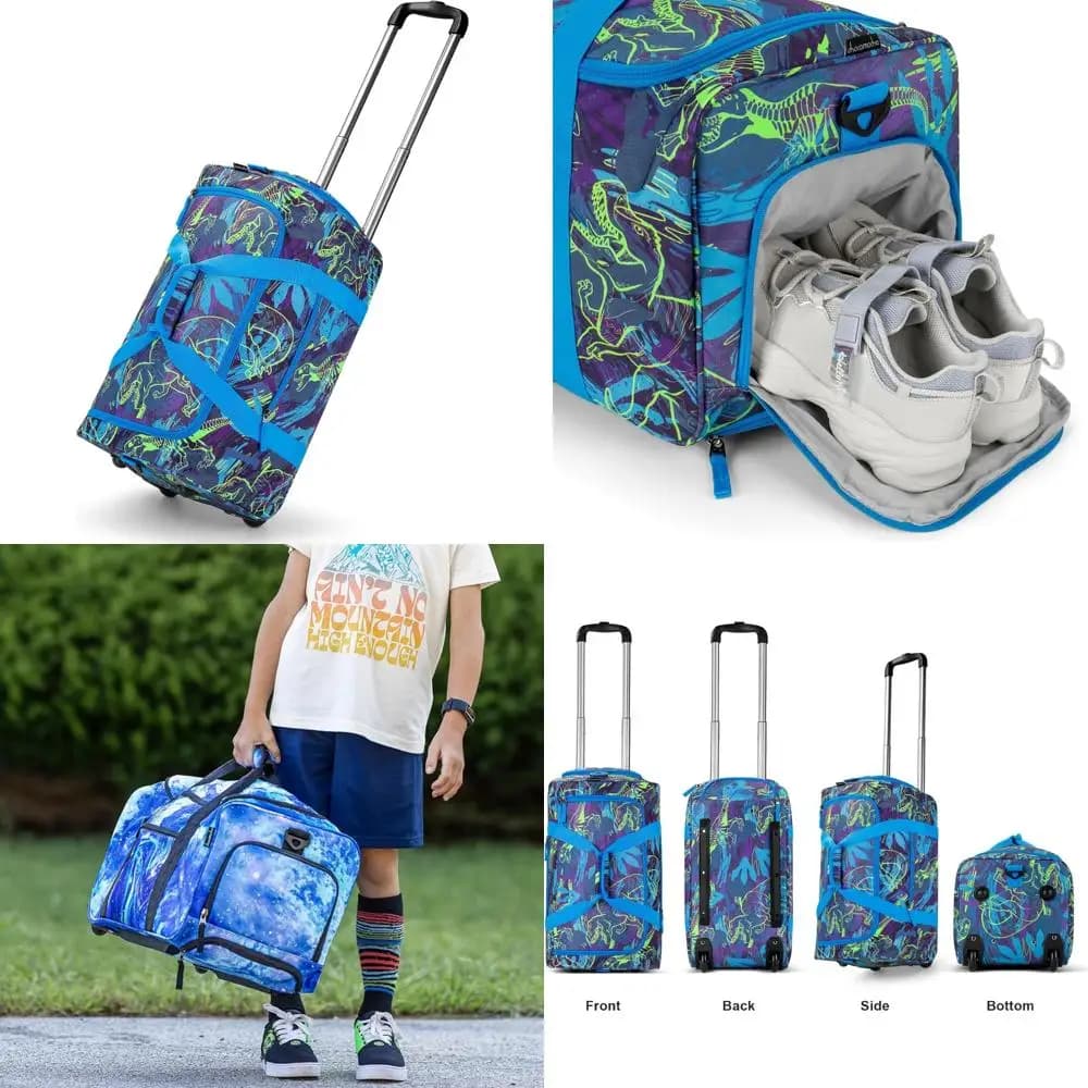 Valigia con ruote Blue Dinosaur per bambini, bambini piccoli e adolescenti - Borsa da viaggio per ragazzi Mocha con ruote per campeggio e viaggi