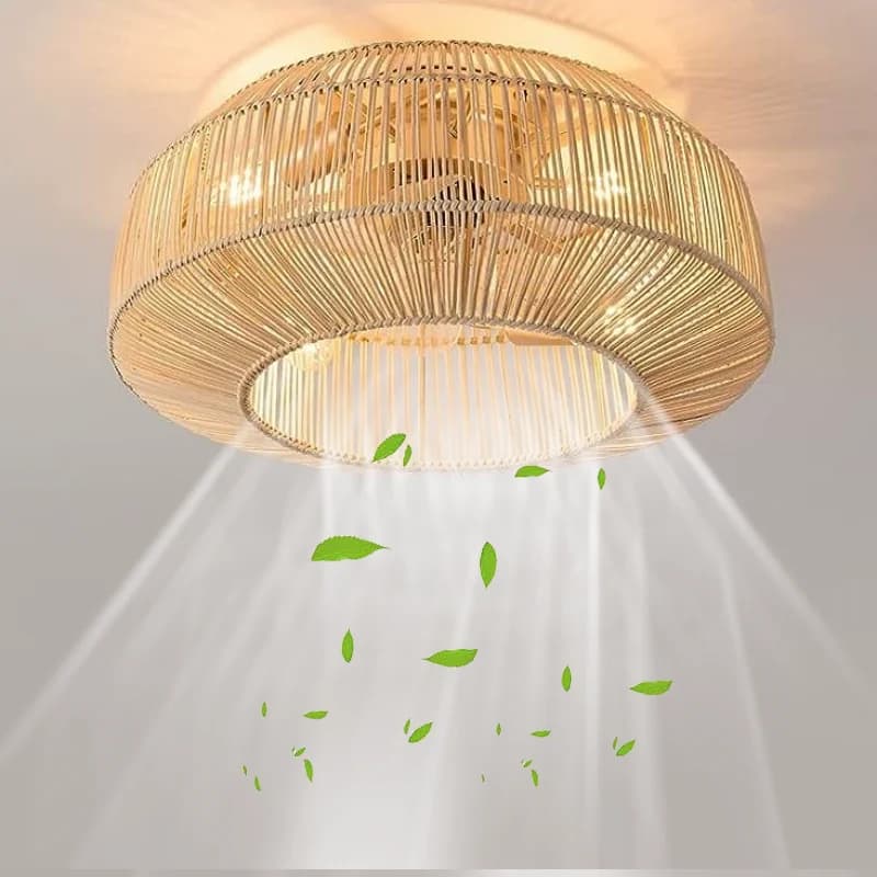 Ventilatore da soffitto in rattan da 50 cm con luci telecomando 6 velocità VENTOLA DC reversibile Nuova ventola per camera da letto Luci Ventola di raffreddamento Lampada