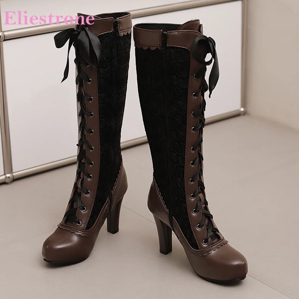 2025 Nuovo Inverno Glamour Marrone Nero Donna Stivali alti al ginocchio Piattaforma Tacco alto Scarpe da moto da donna Plus Big Size 11 43 48 50