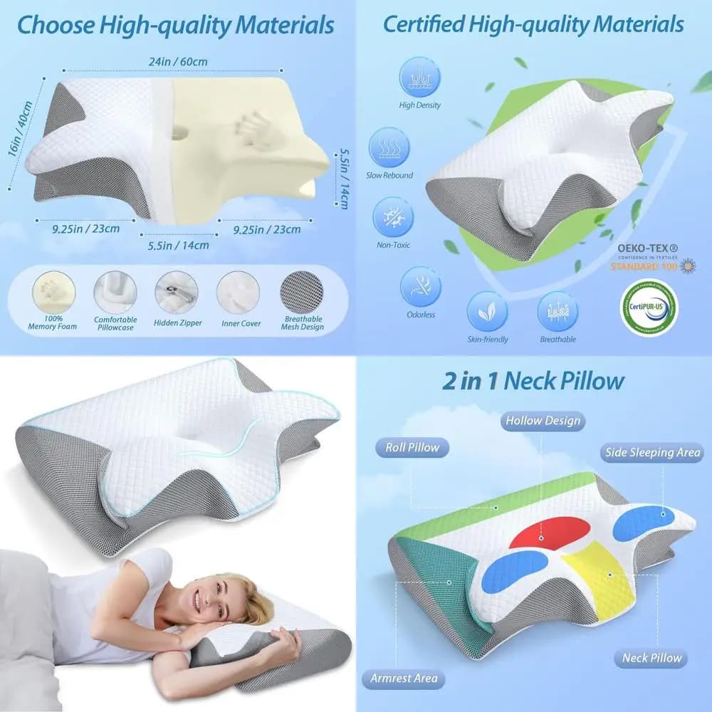Ergonomic memory foam 2 in 1 cushion for neck support and pain relief, ideal for all sleep positions