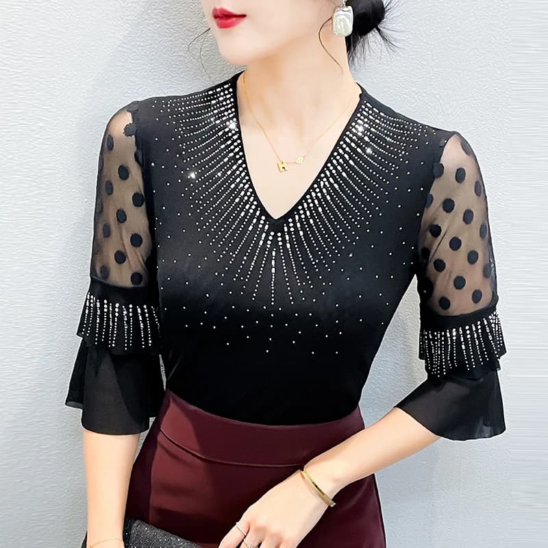 Eleganti Top Estivi con Scollo a V in Rete, Maniche a 3/4, T-Shirt in Pizzo Trasparente con Strass per Donne, Top Casual da Ballo