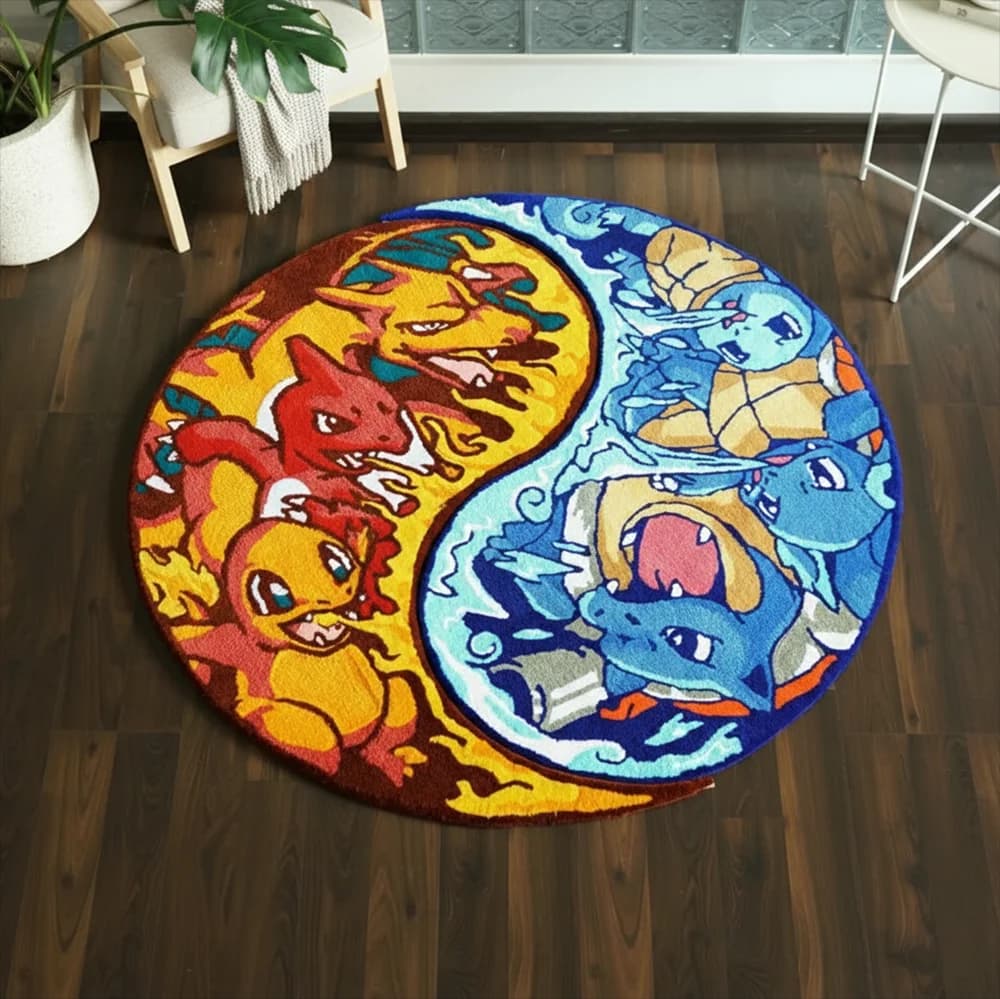 Tappeto rotondo Pokemon Water vs Fire Battle Anime, Charizard Squirtle, decorazione kawaii per sala giochi, tappetino antiscivolo per camera da letto