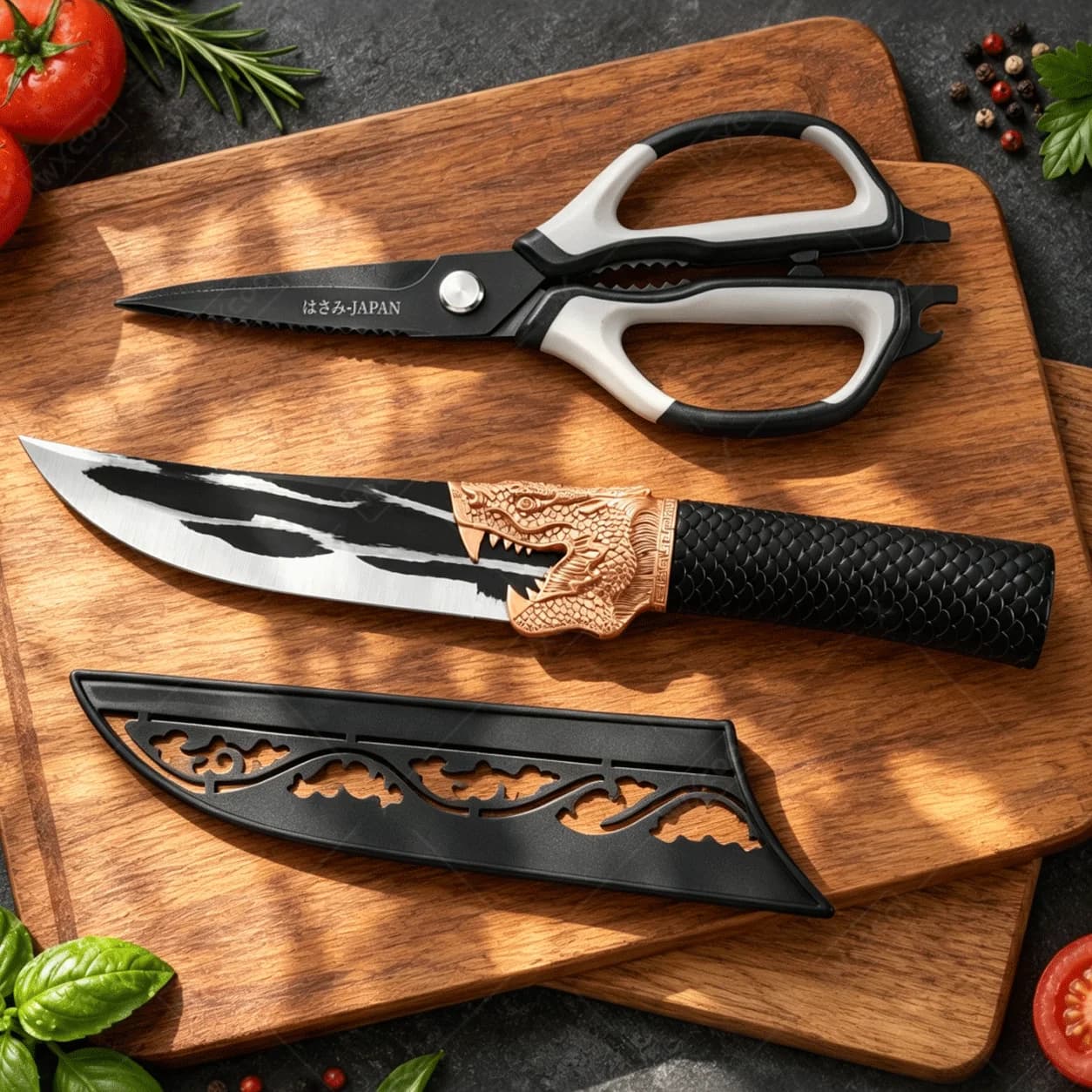 WXCOO Japanese Kitchen Scissor Combo Stainless Steel BBQ Meat Fish Fruit Cutting Shears Sharp Knife Bundle for Home Cooking Chef