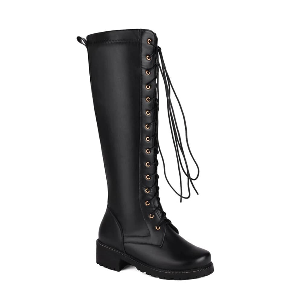 Size 33-50 Women Leather Knee High Boots Block Heel Front Lace Up Inner Side Zipper Wide Calf Fashion Riding Boots Black A4