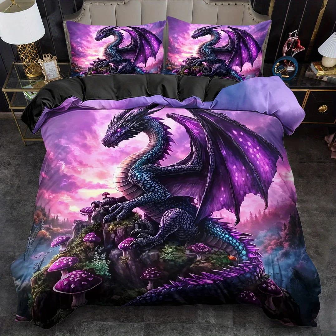 Set di Biancheria da Letto con Drago Lunare Cosmico e Cielo Stellato, Copripiumino con Drago Alato Stampato in 3D per Camera da Letto