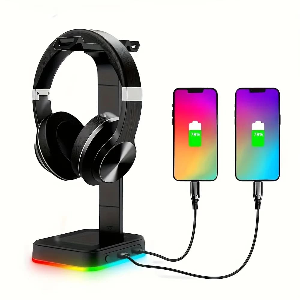 Adjustable Speed RGB LED Gaming Headset Support with Dual USB Charging for Keyboard, Mouse, Headphones and Phone