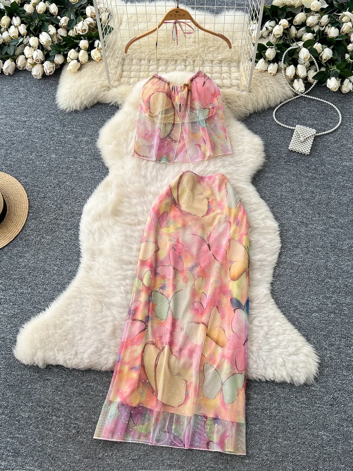 Set Estivo da Spiaggia con Stampa Sfumata, Top a Maniche Lunghe e Gonna Lunga a Vita Alta Modellante per Donna