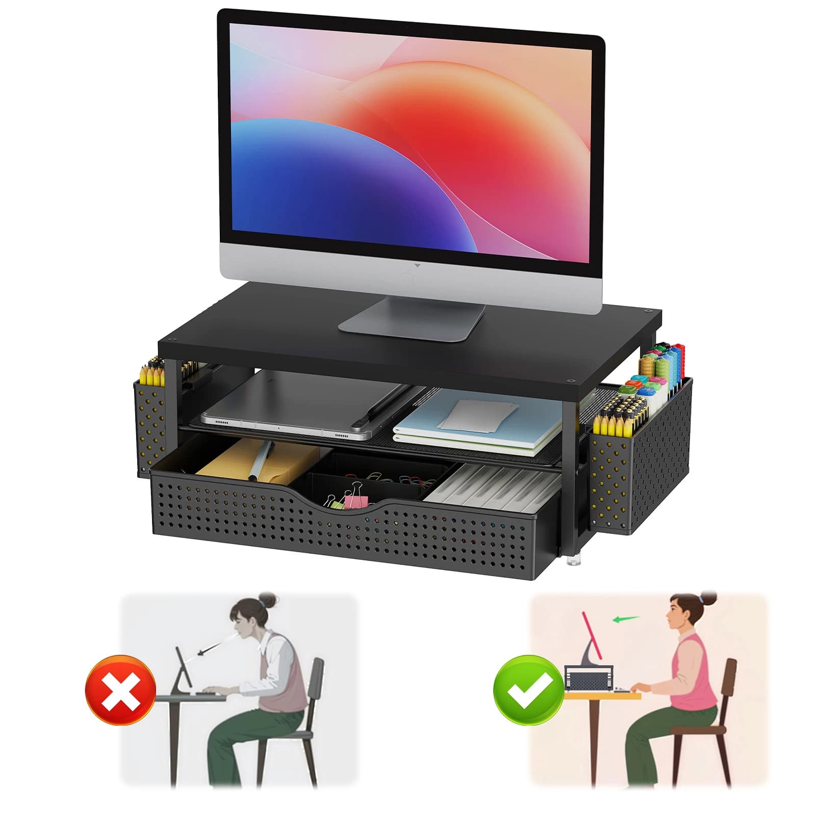 Support for Monitor 2 Levels with Drawer and 2 Laptop, Computer Up, Laptop Support, Office Desk Accessories