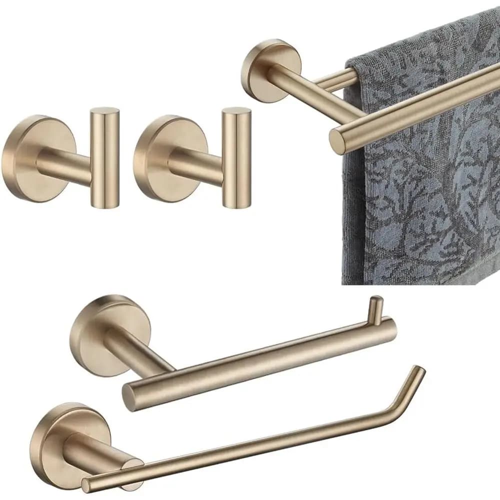 5-Piece Champagne Bronze Bath Hardware Set: Wall-Mounted Towel Bar, HT Bar, TP Holder, Towel Hooks