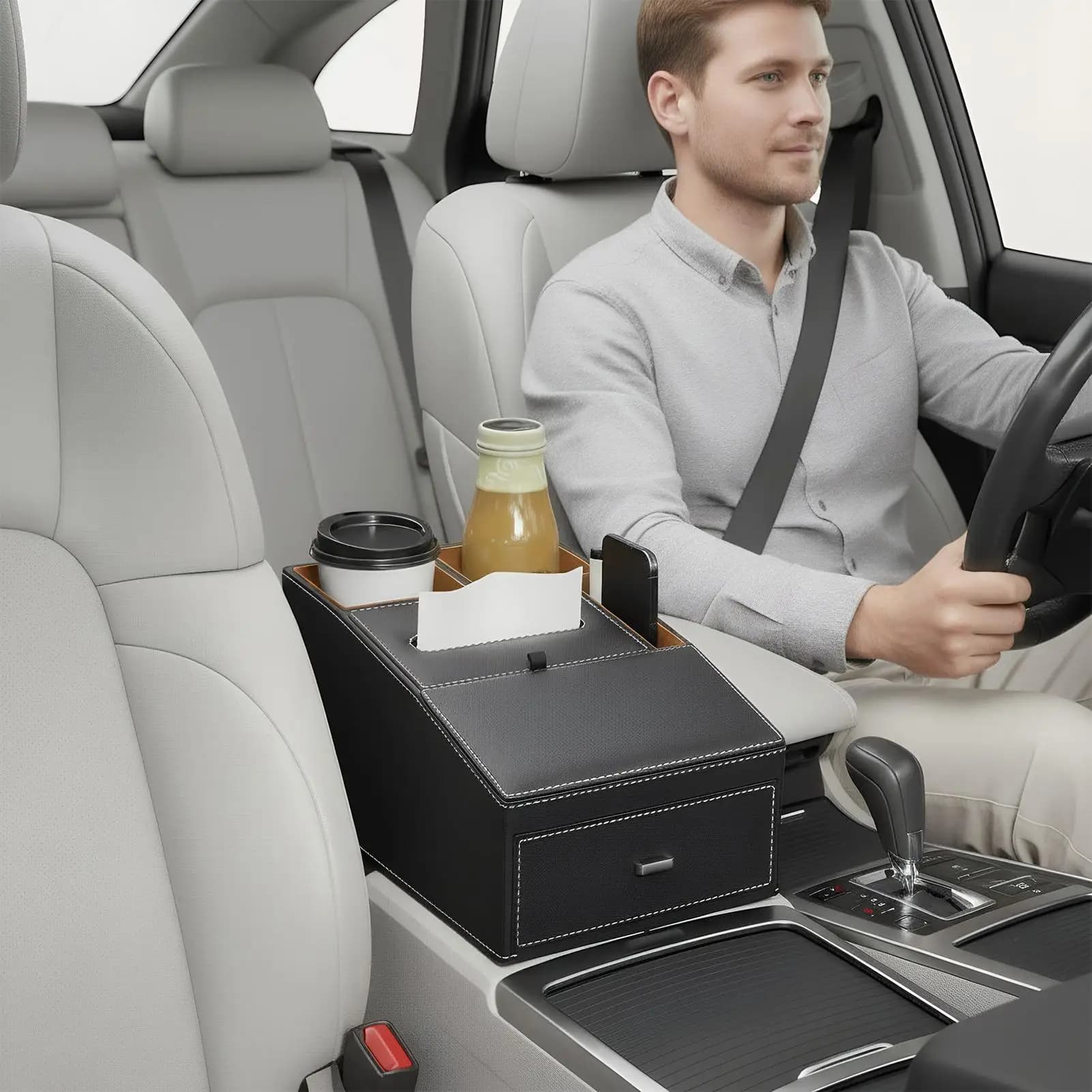 Scatola per bracciolo per auto Custodia per dispenser ergonomica Organizzatore per console per auto con portabicchieri per accessori per telefoni interni automobilistici