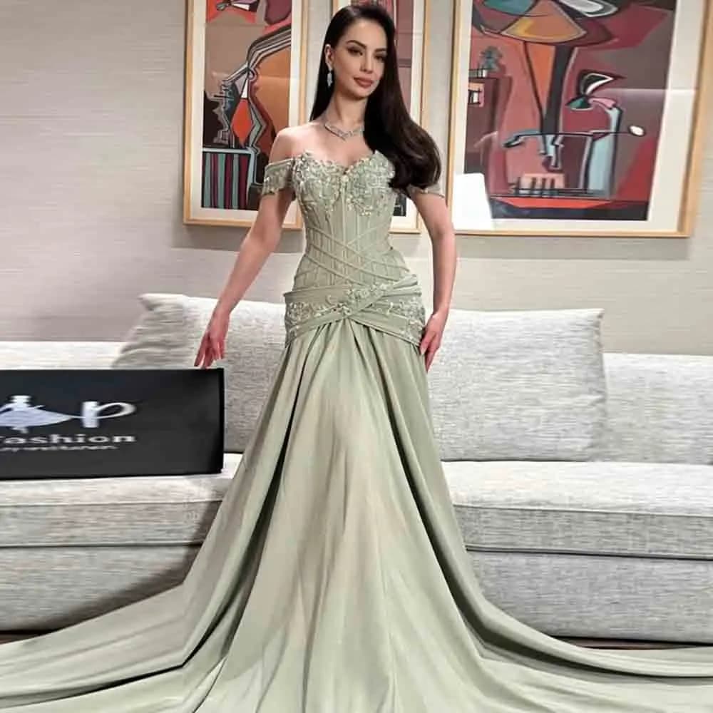 Customized Sage Green Off The Shoulder Evening Dress Beaded Lace Appliques Wedding Party Attire Mermaid Formal Prom Gown