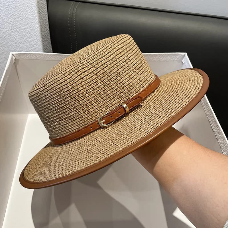 Sun Hat Flat Top Hat UV Protection Straw Wide Brim British Inspired Decorative Belt Beach Summer For Women