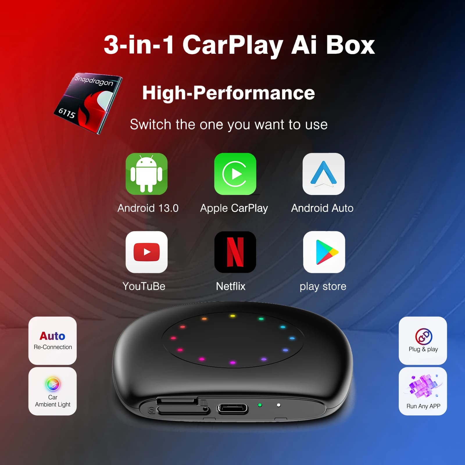 3-in-1 Smart AI Android Box Wireless CarPlay Android Auto Android 13 8-Core 5G WiFi 4G LTE Plug & Play Built-in GPS for 99% Cars