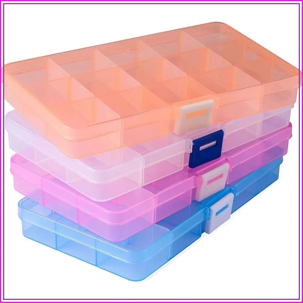 15 Grid Bead Organizer 4 Pack - Adjustable Dividers Small Plastic Storage Box for Jewelry, Earrings, Crafts, Screws, Fishing Tackles, 6.9x3.9x0.9in