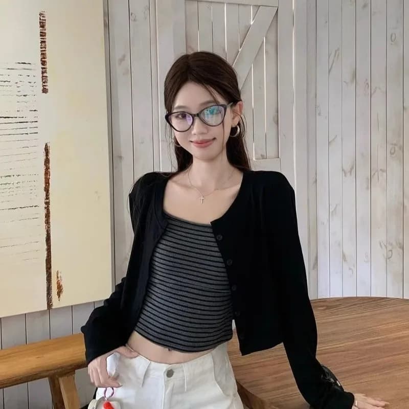American Striped Suspender Spice Girl Suit Women's Early Autumn New Short Long-sleeved Black Cardigan Jacket Top Two-piece Set