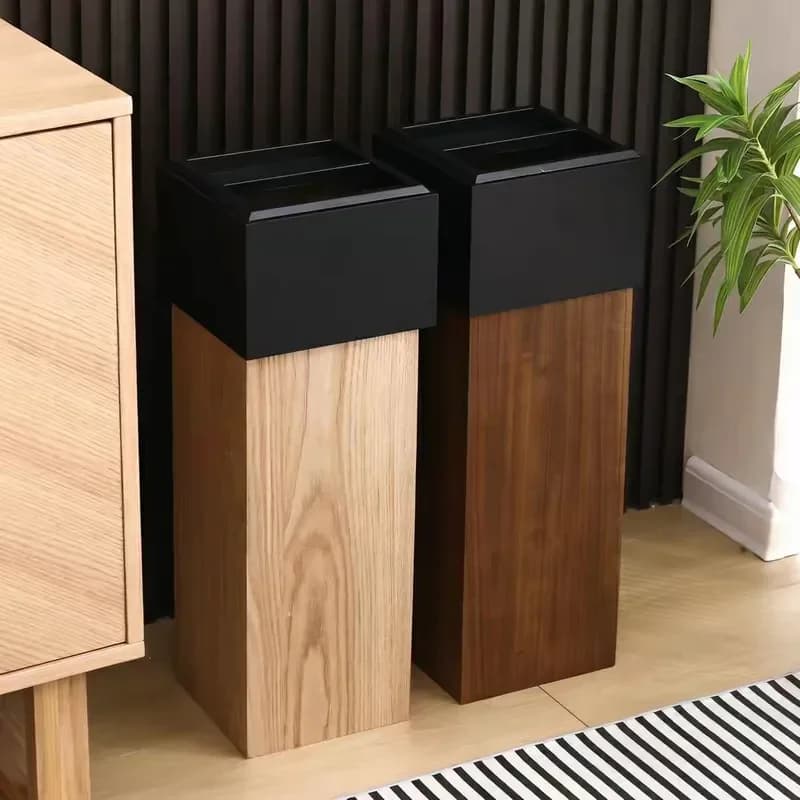 Nordic Style Wooden Trash Can with Lid Vertical Creative Waste Basket for Home Living Room Hotel Lobby B&B Decor
