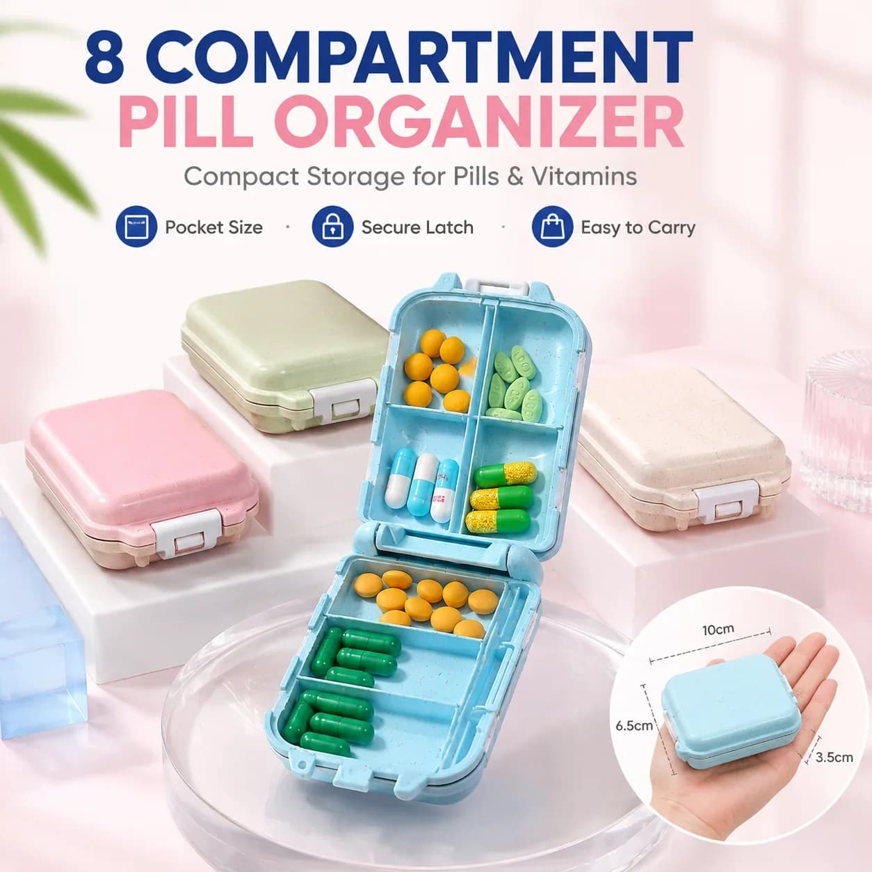 Portable 7 Compartment Travel Pill Organizer Double Sided Mini Pill Box with Secure Snap Lock for Vitamins Capsules Tablets
