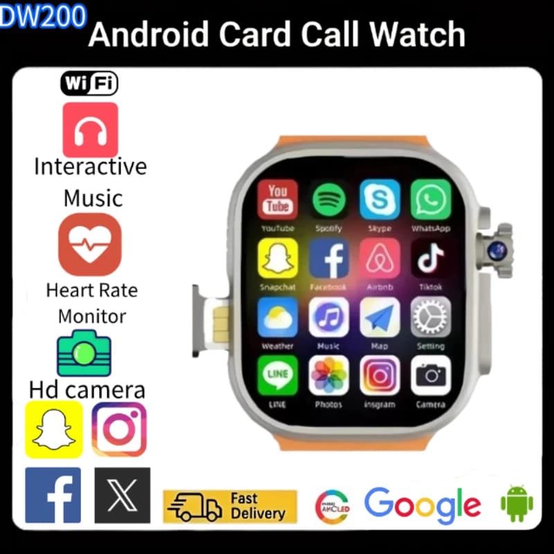 Network Smartwatch DW200 SIM Card Rotating Camera Android9.0 Bluetooth GPS Positioning Play Store Global Version Smart Watch Men