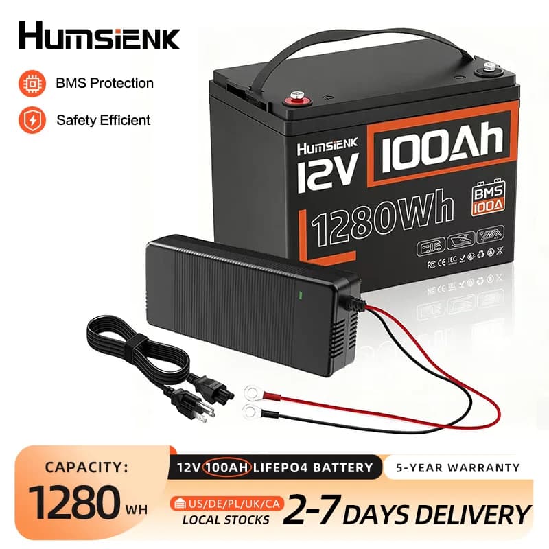 Batteria al litio LiFePO4 Humsienk 12V 100AH BMS 100A 1280Wh con caricabatterie per camper/furgoni/motore da traino/off-grid/campeggio/UL 1973