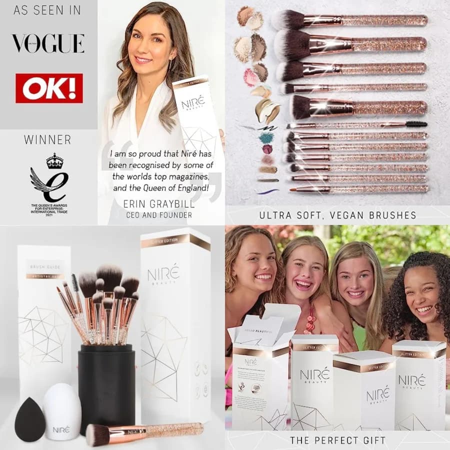 Set di 15 Pennelli da Trucco Glitterati Premiati: Set di Pennelli Carini con Custodia, Beauty Blender, Detergente, Guida, Confezione Regalo