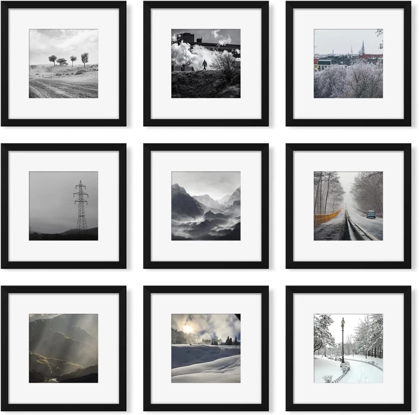 Set di 9 Cornici per Foto 12x12, Cornici Quadrate per Galleria Fotografica da Parete per Foto 8x8 con Passepartout o 12x12 senza Passepartout, Espositore Collage Nero per