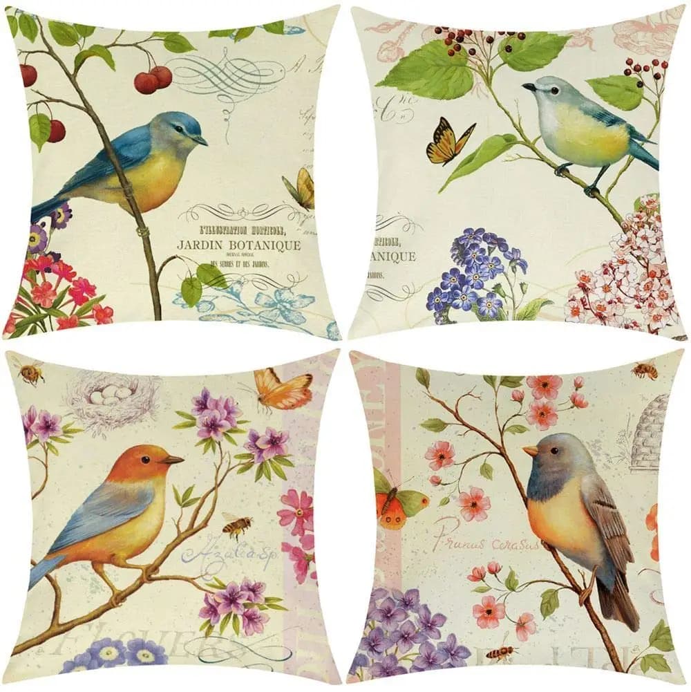 Federa con motivo floreale e uccelli, fodera per cuscino divano soggiorno, decorazione per la casa, federa con uccellini, copricuscino decorativo autunnale