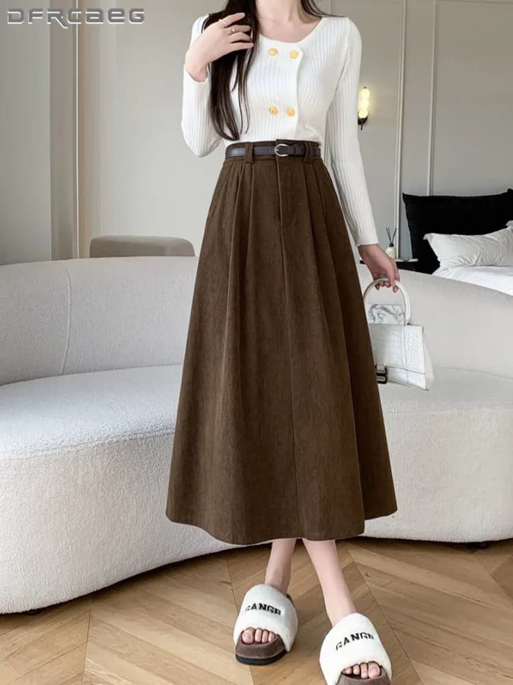 Vintage Autumn Winter Ribbed Velvet Longuette Gonna With Belt Elegant Fashion Casual Big Swing Long skirts Women's Trapezio