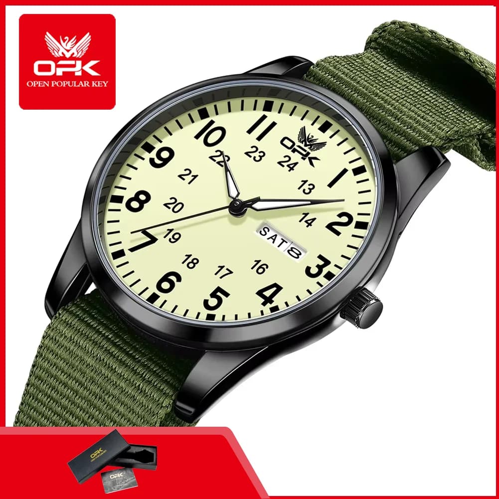 OPK 6090 Men's Quartz Watches Fashion Casual Nylon Fabric Strap Double Calendar Waterproof Luminous Men's Sports Watches