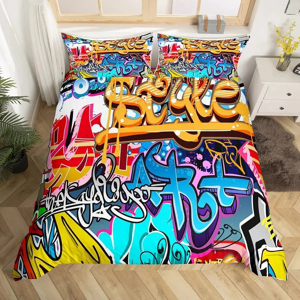 Full size hip-hop graffiti cover, 90's vintage bed linen set for teenage children's roller skating, hippie musical headphone headdress