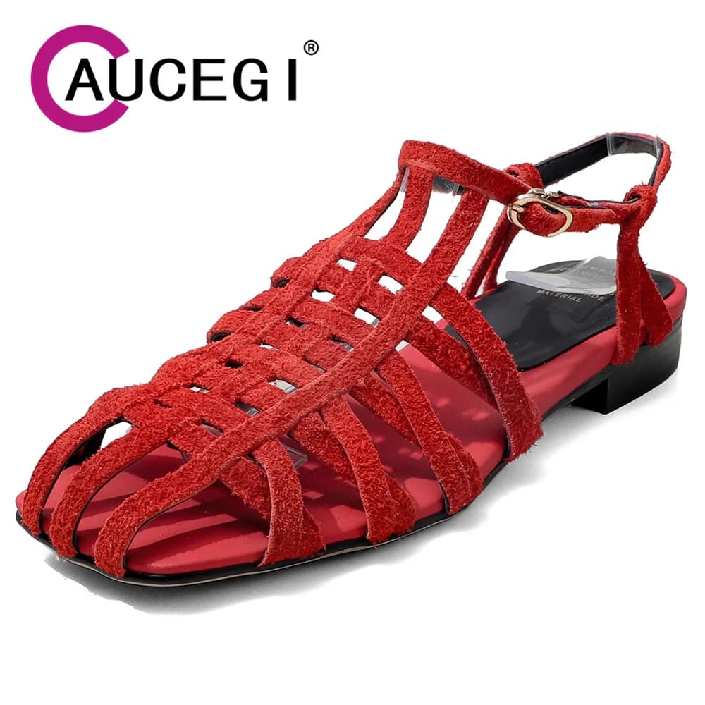 Aucegi New Design Women Cow Suede Square Toe Gladiator Sandals Buckle Strap Comfy Low Heels Leisure Summer Handmade Shoes