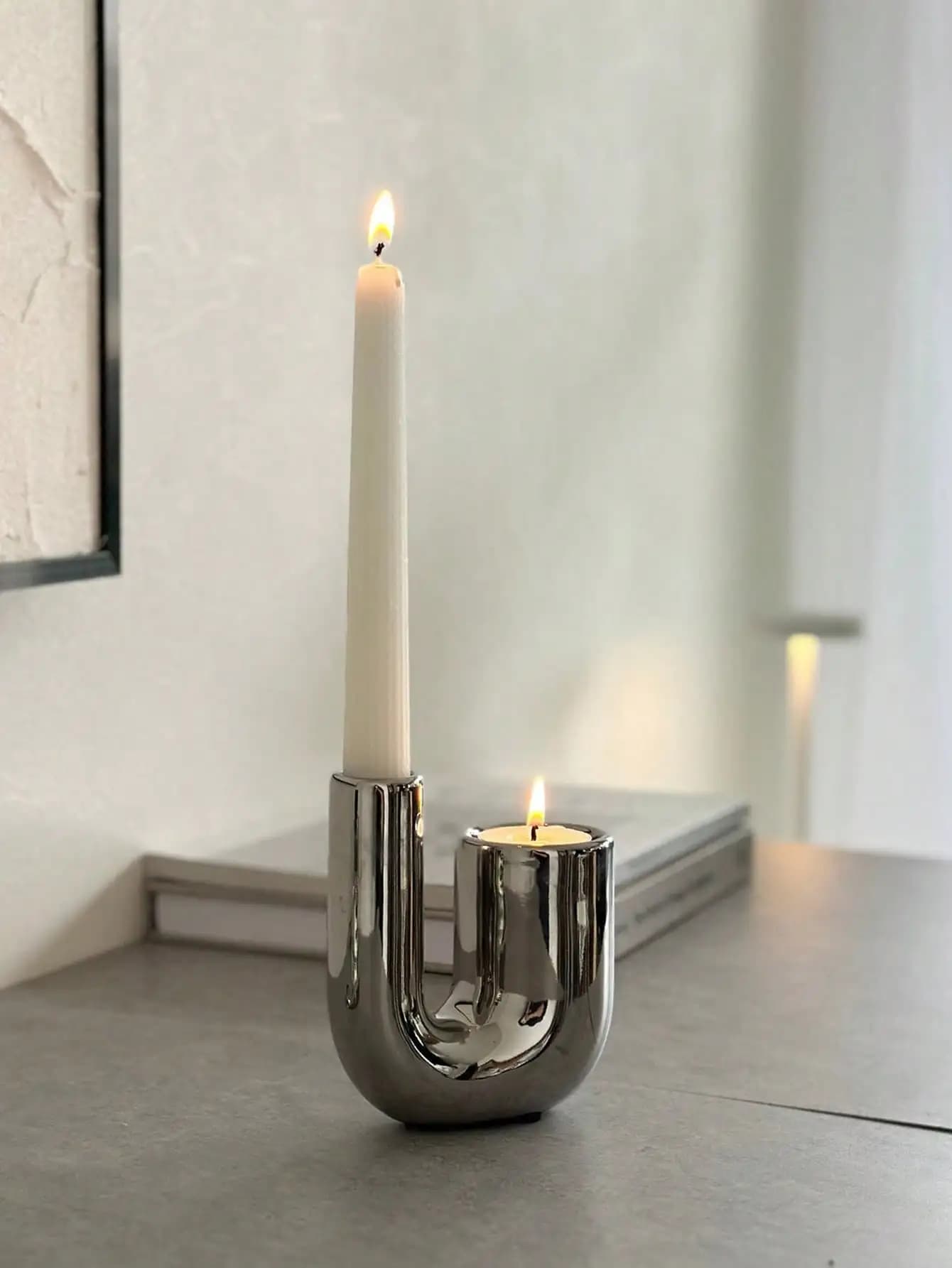 Portacandele in Ceramica Argento di Lusso, Decorazione in Stile Ins per Cena a Lume di Candela, Supporto per Candele, Decorazione da Tavolo per Casa
