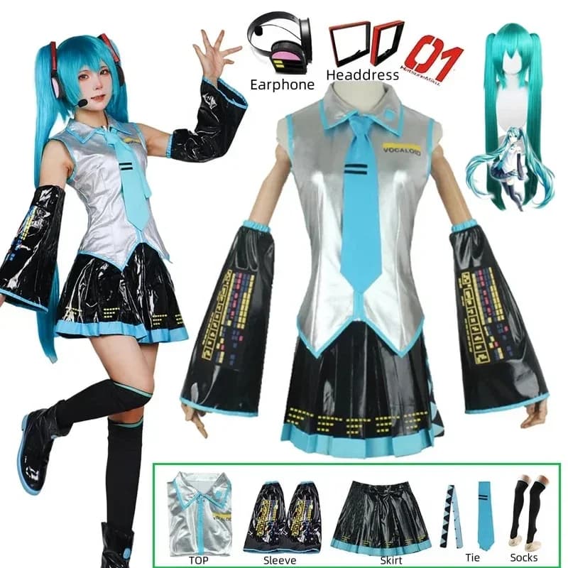 Costume Cosplay Completo in Pelle Argentata e Tessuto, Costume Miku con Cappello, Abito JK, Uniforme Scolastica da Marinaio