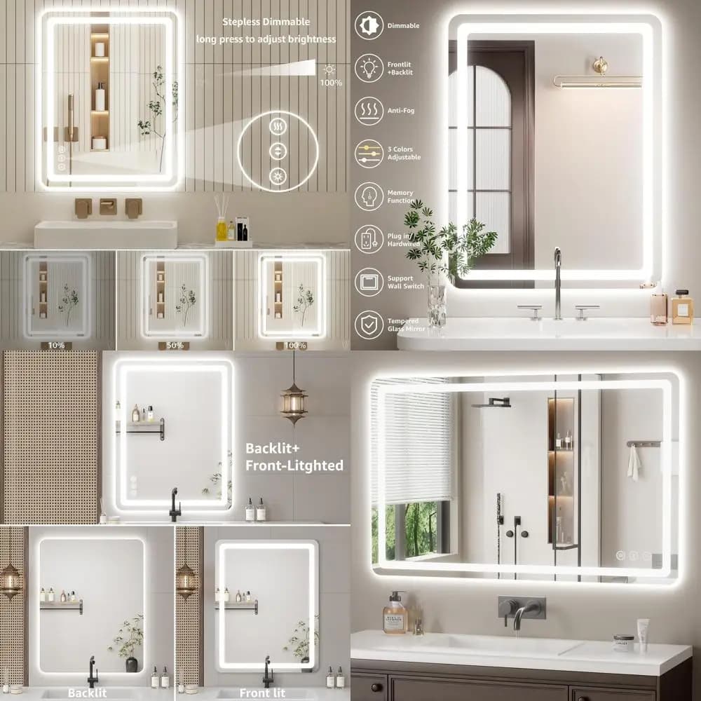 Specchio da bagno a LED da parete 48x30 con sensore tattile antiappannamento e illuminazione tricolore dimmerabile