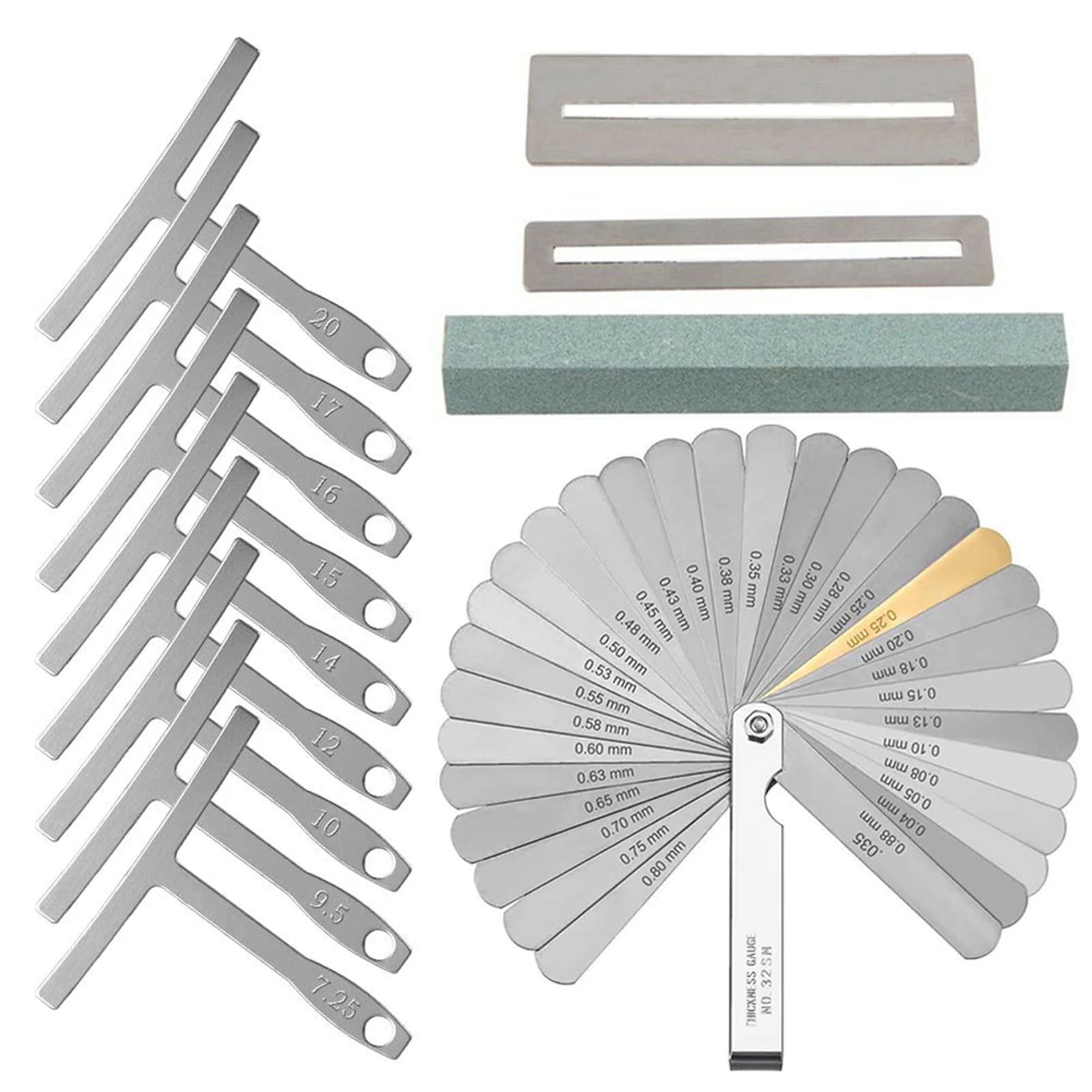 Set of Guitar Tools: Brake for Measuring the Action of the Cords, Caliber for Ray, Levigator, Keyboard Protections